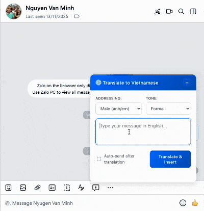 VN Translator Composing a Message for AI translation in Zalo Web Chat